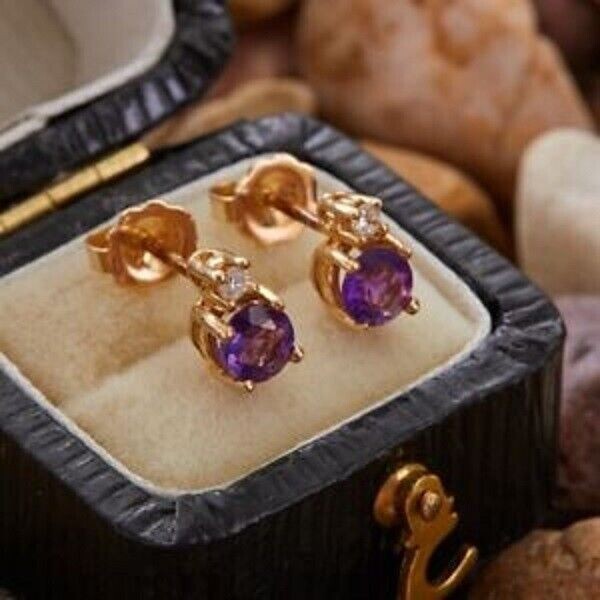 2Ct Round Cut Simulated Purple Amethyst Stud Earrings In 14k Rose Gold Plated