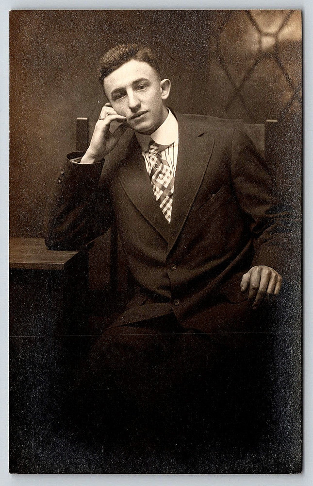 Vintage Picture Photo Postcard Old Photograph Young Man Suit Tie Chair Rppc