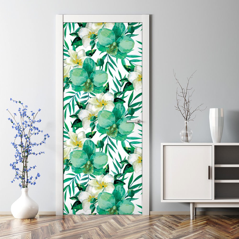 Tropical Bubble Free Door sticker Floral Watercolour leaves Summer Island home