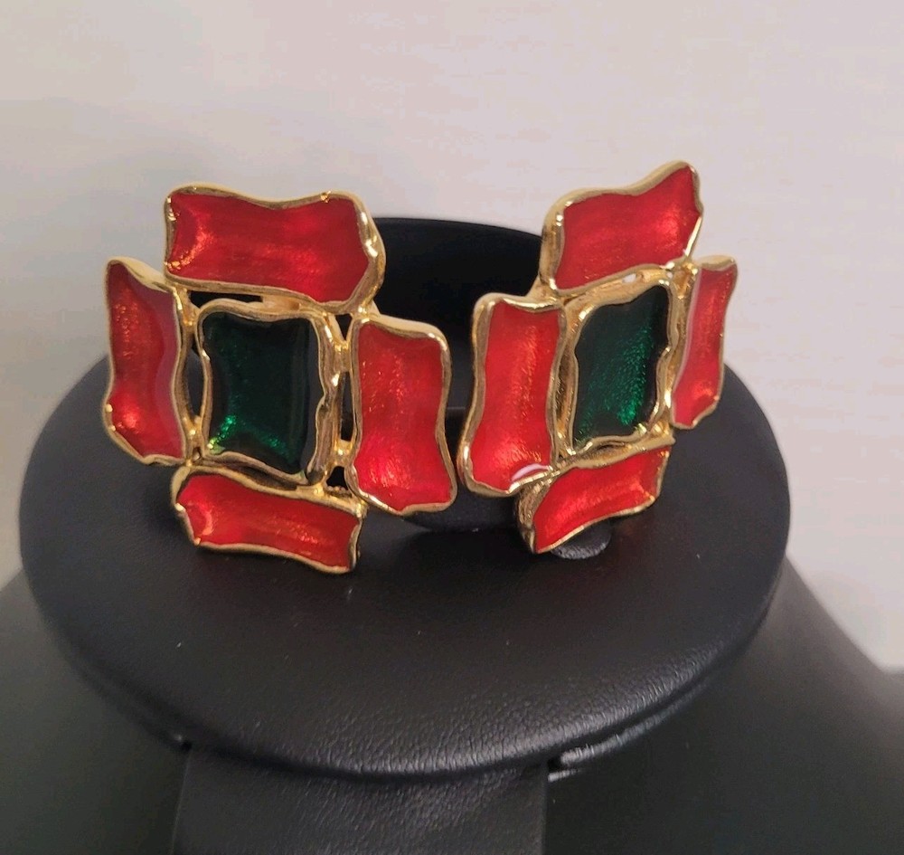 Vintage Red Green Enamel Clip On Earrings Gold Tone Abstract Geometric Statement