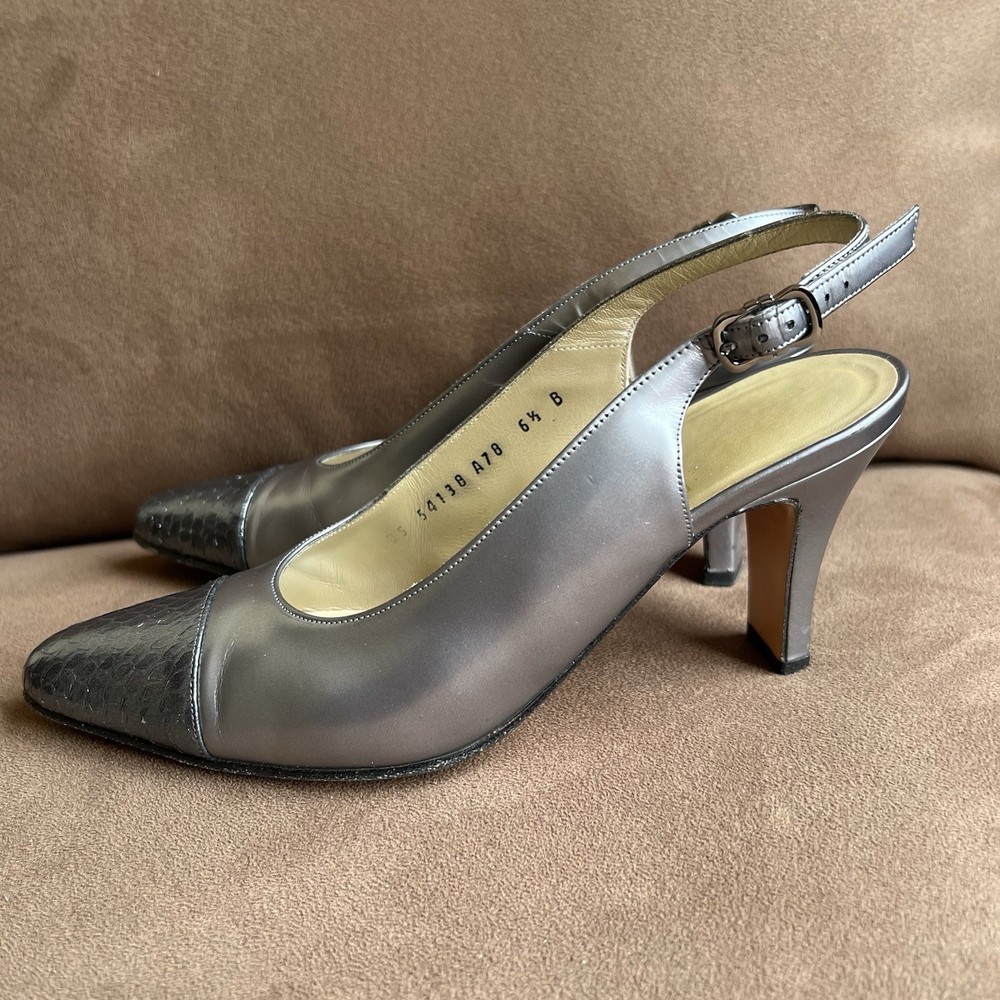 PRICE DROP Salvatore Ferragamo Slingback Heels Size 6.5B Leather Silver Gray Toe
