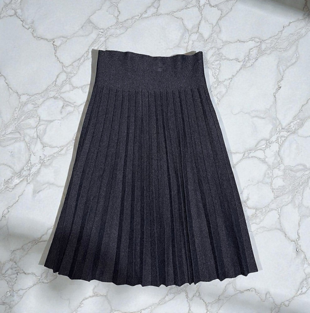Navy blue Pleated Midi Skirt High Waist A-Line Knit Stretch Small Medium