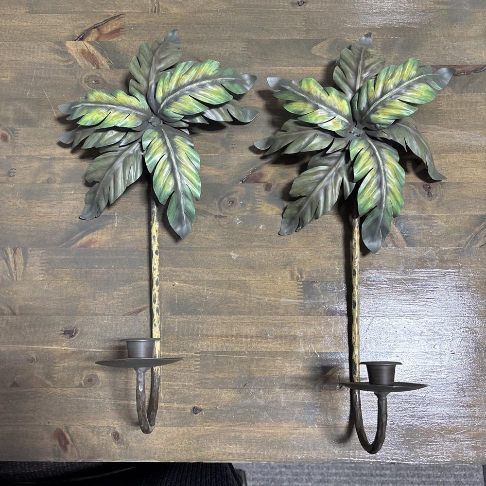 Vintage  Palm Tree Wall Sconce/Candle Holders Home Interiors Set of 2 Metal 17