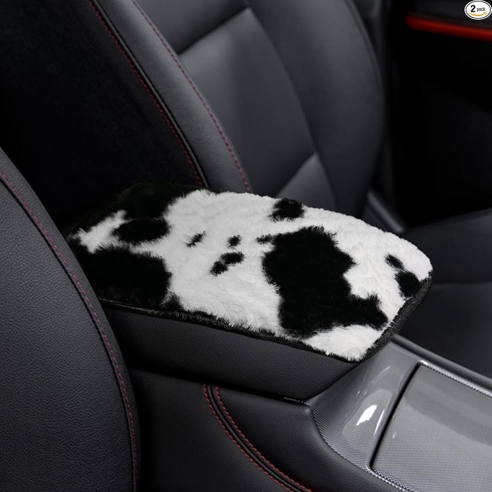 Furry Cow Print Plush Armrest Cover - Soft Center Console Pad Pro Color: Black