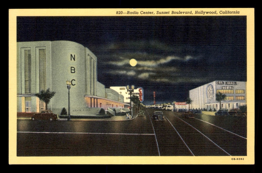 Radio Center Sunset Boulevard Hollywood California CA At Night Unp Postcard