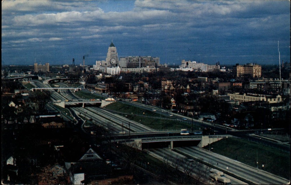 Michigan Detroit John C Lodge expressway aerial view ~ 1950s-60s postcard sku783