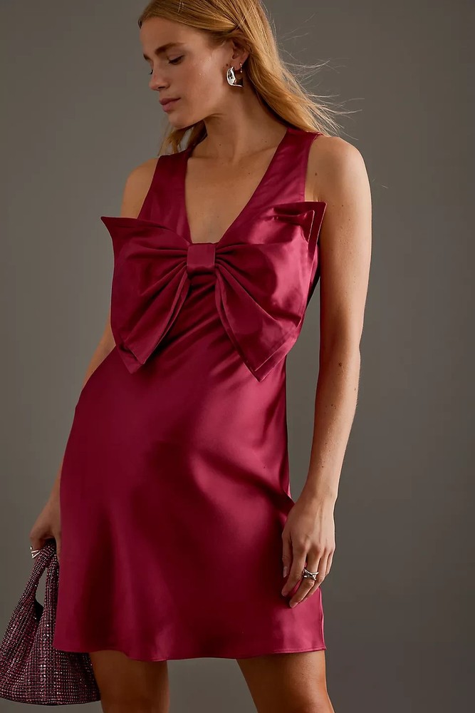 By Anthropologie Cindy Bow Satin Mini Dress UK 14 Crimson RRP £130