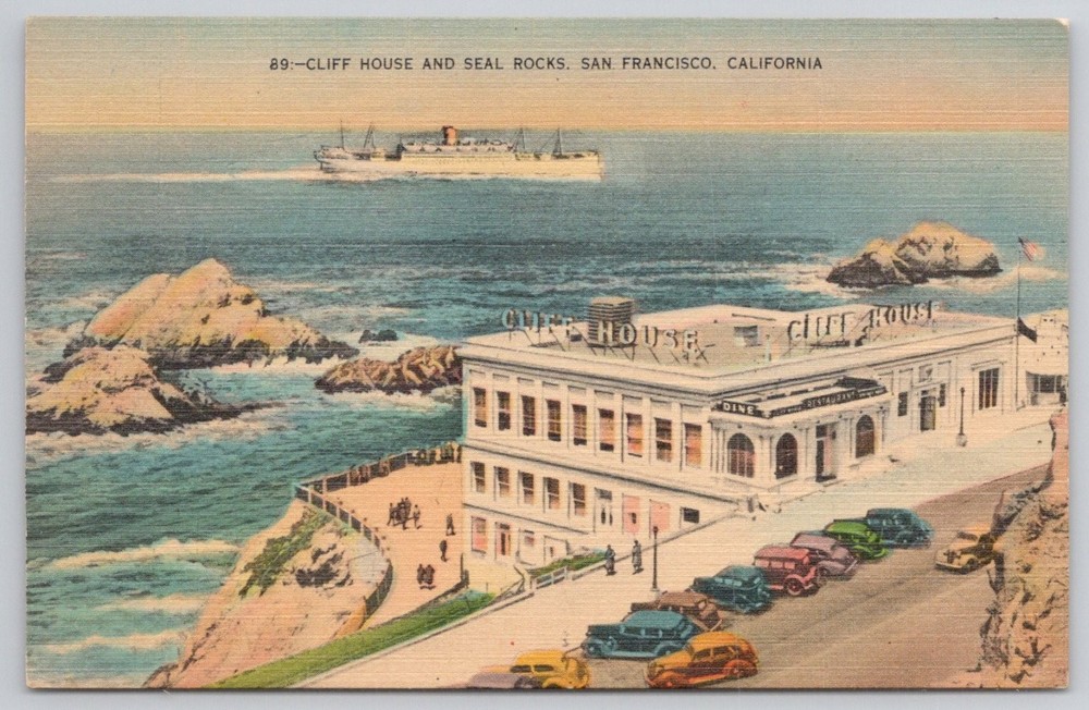 Cliff House Seal Rocks San Francisco CA Linen Postcard 1930s Nature Tone