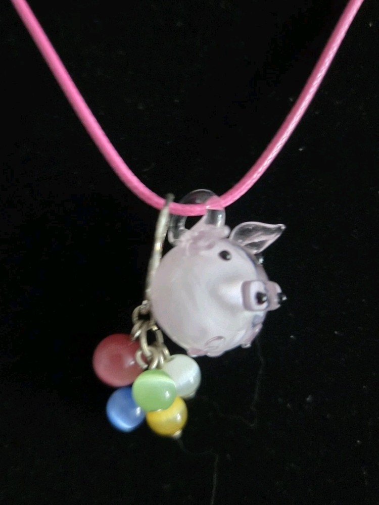 Large Vintage Blown Glass Art Pendant on Leather Necklace Pink Pig