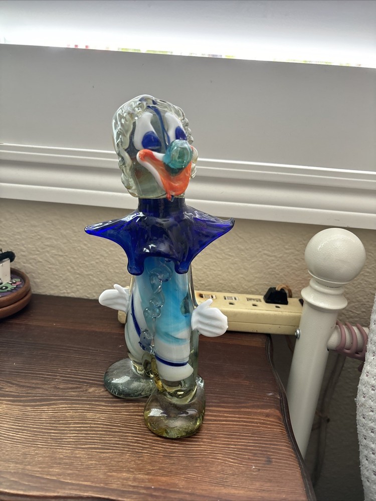 10-Inch Glass Clown Figurine with Blue Eyes and Orange Smile