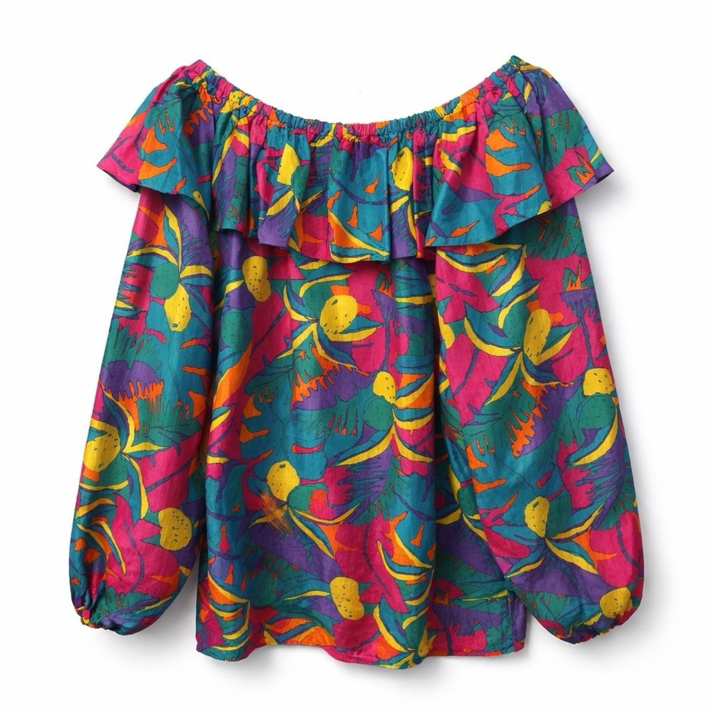 Vintage HNEVA Off Shoulder Peasant Blouse Boho Tropical Large/XL Balloon Sleeve