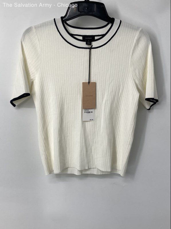Halogen Womens White Short Sleeve Crew Neck Ribbed T-Shirt Size Medium