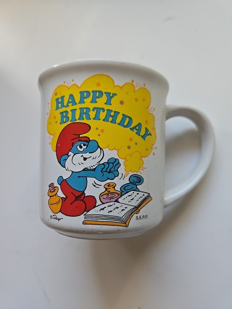 Vintage 1982 Papa Smurf Mug Wallace Berrie Coffee Cup Japan Happy Birthday