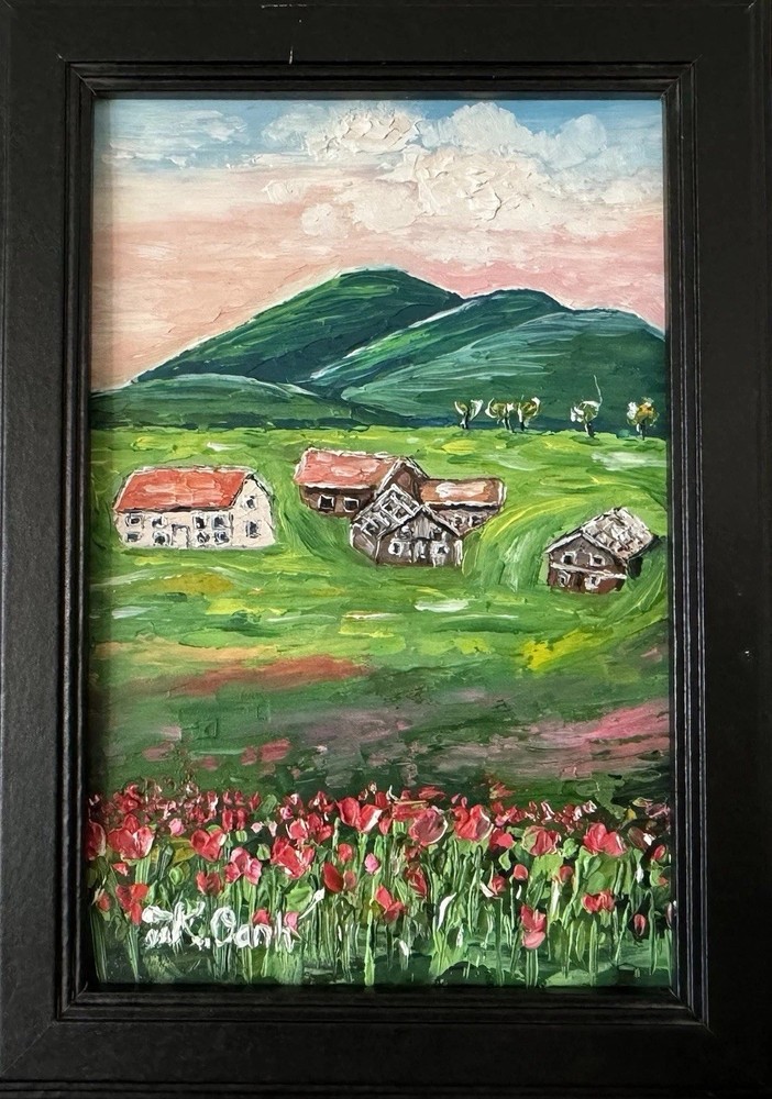 ORIGINAL OIL PAINTING FLOWER FIELD LANDSCAPE SIGNED FRAMED 4x6