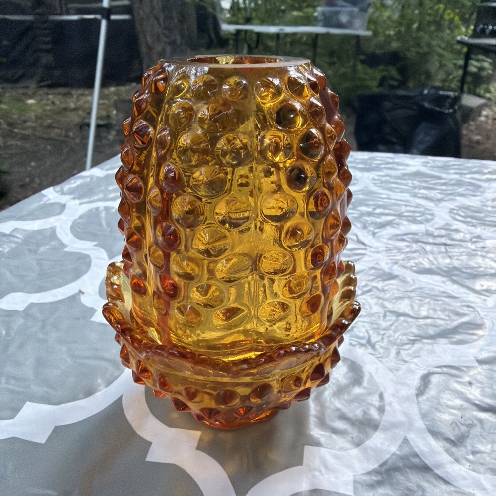 Vintage fenton Amber Hobnail  Glass Fairy 2 Pc 4.5” Tall Lamp
