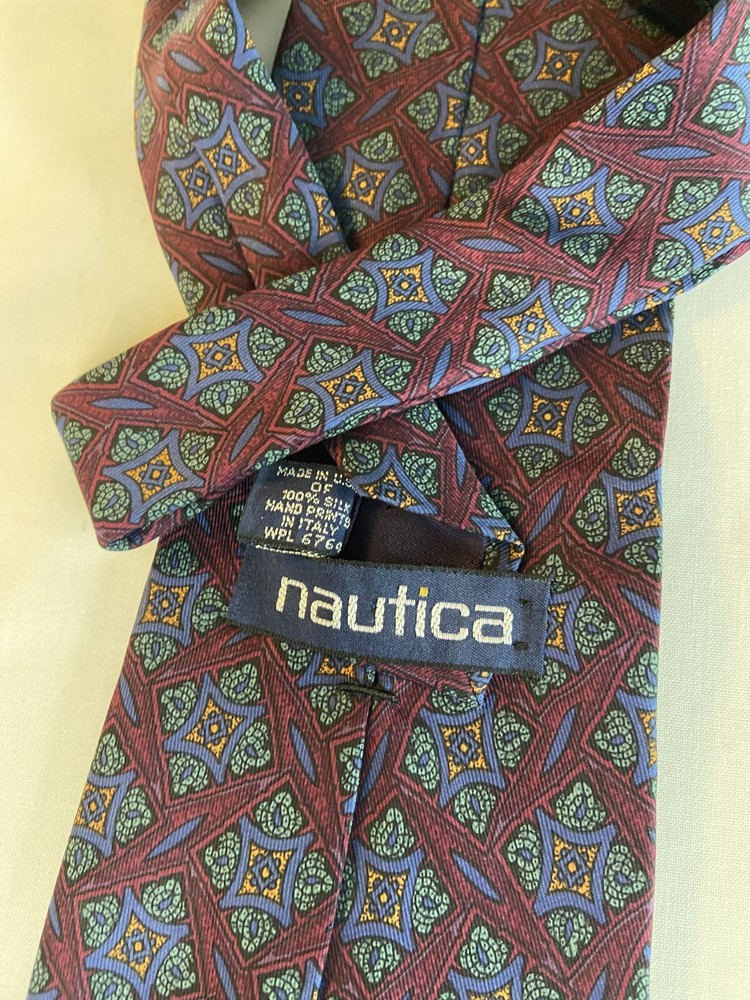 NAUTICA Vtg Purple Paisley Diamond Geometric Silk NECKTIE TIE