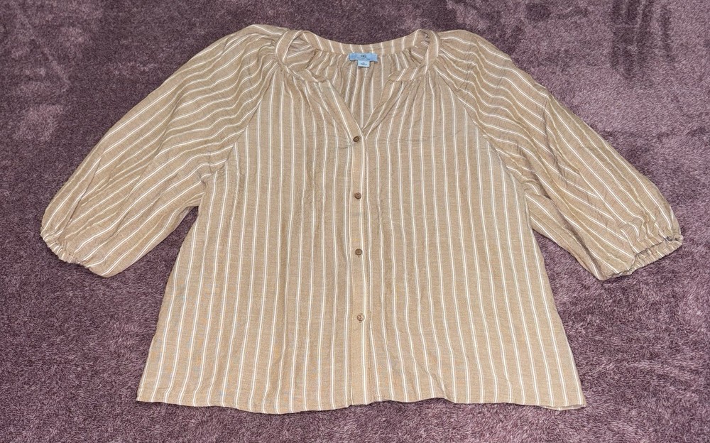 CeCe Women's Brown and White Striped Linen Blouse Size XL