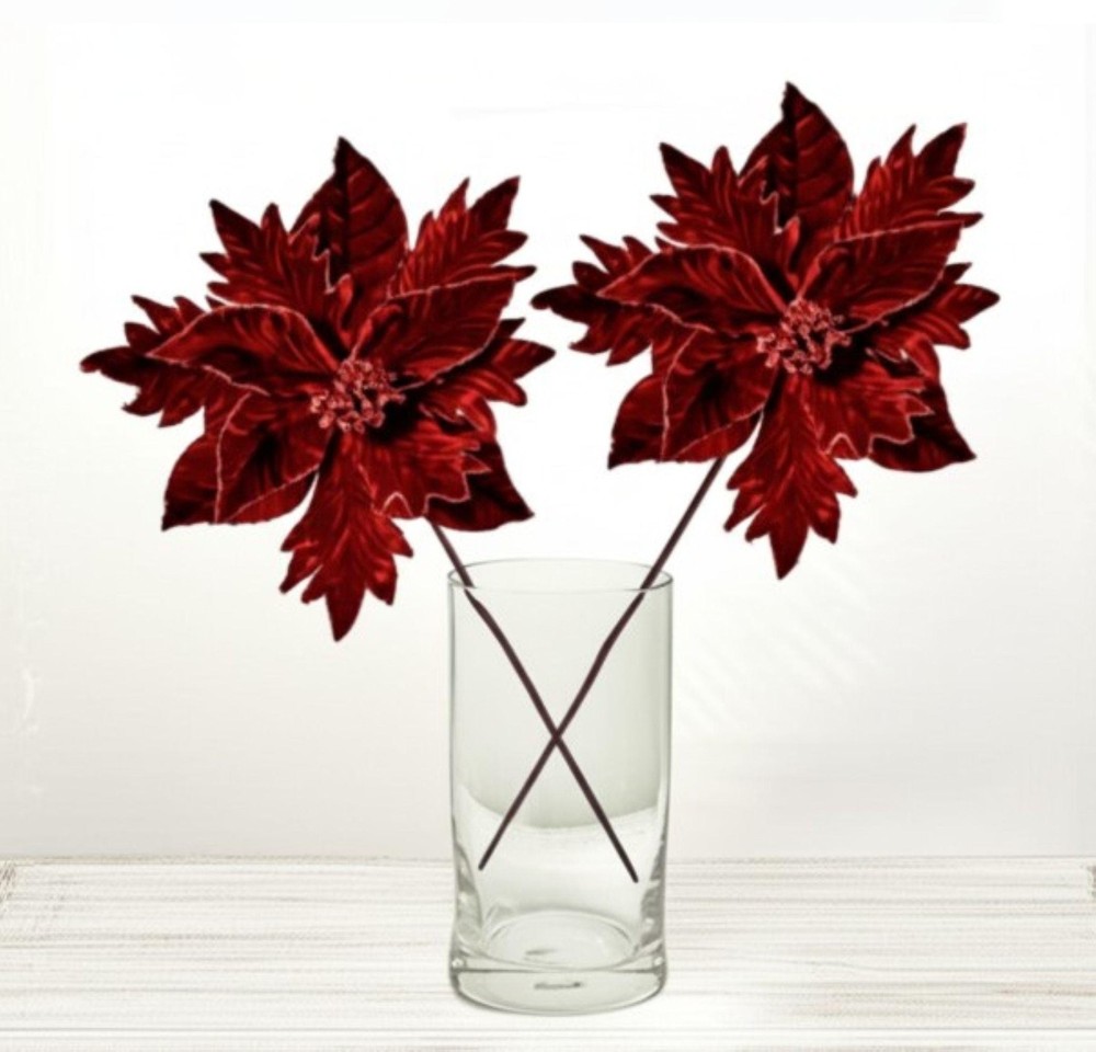 Burgundy Velvet and Glitter Poinsettia Flower Pick Stem Christmas Wreath Accent-image