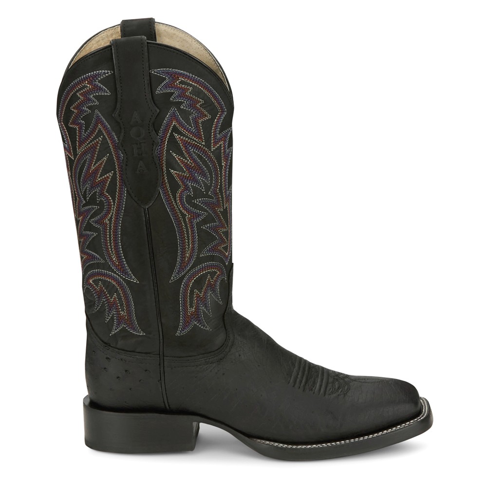 Justin Boots Three Bars Smooth Ostrich Wide Square Toe Cowboy Boots for Men in Black