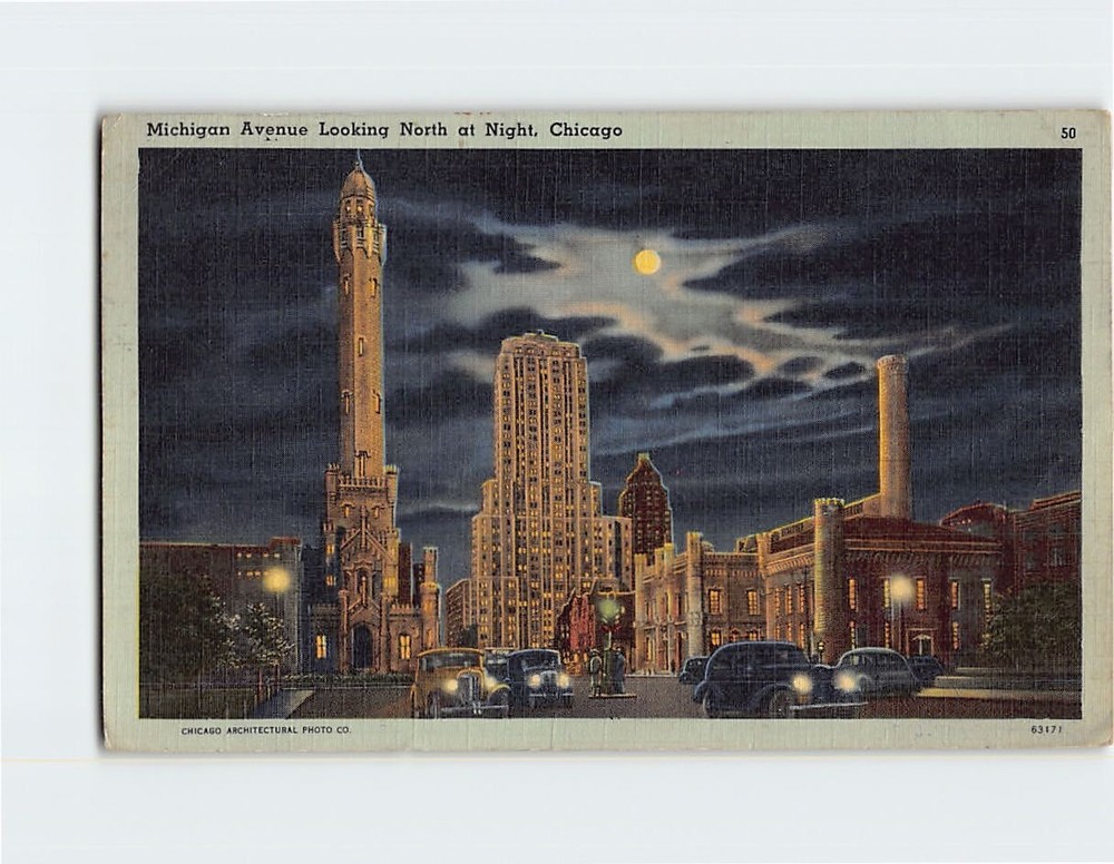 Postcard Michigan Avenue Looking North At Night Chicago Illinois