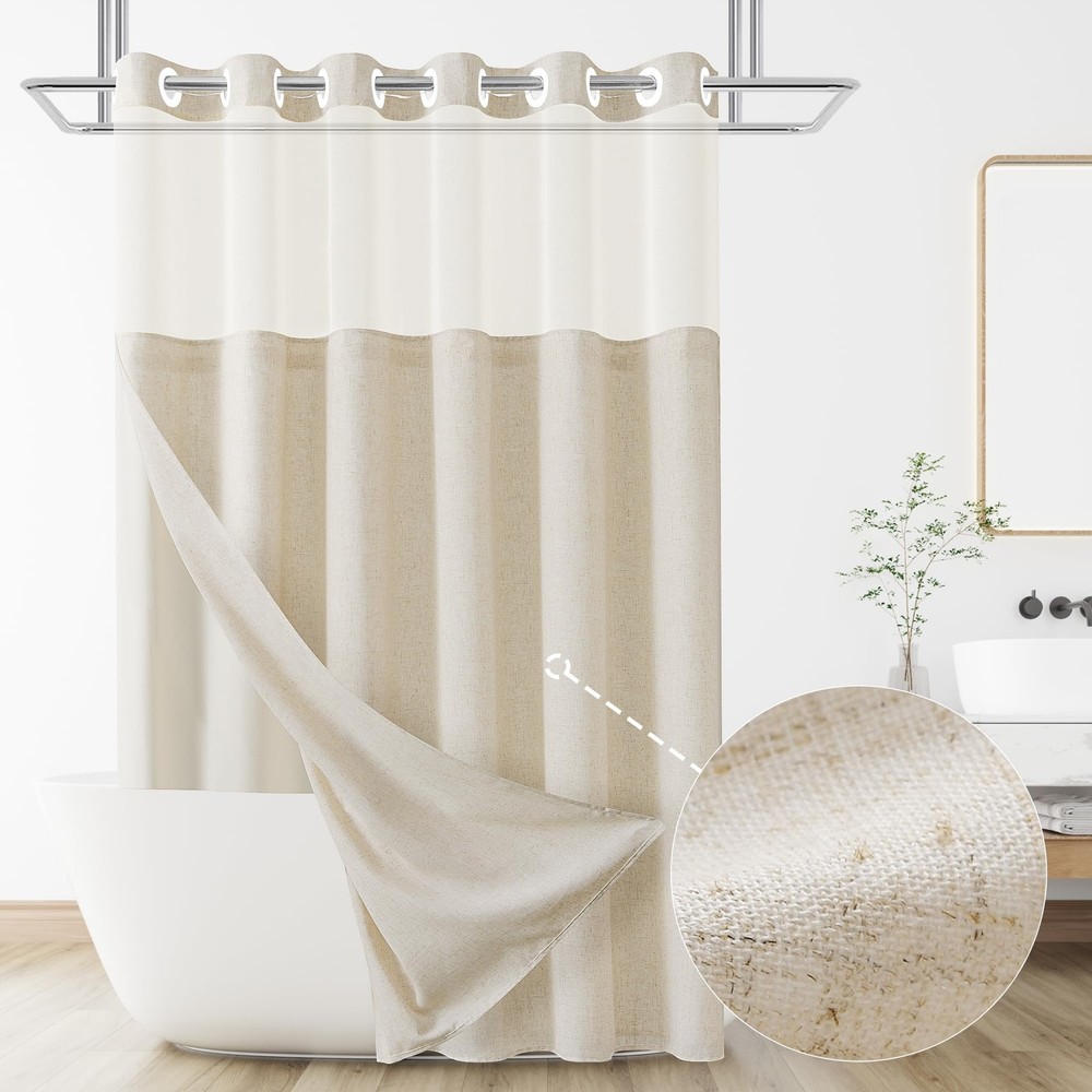 No Hooks Linen Textured Shower Curtain with Snap-in Fabric Liner Set,Beige Ho...