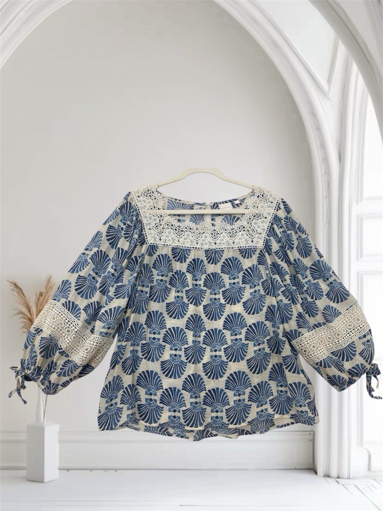 Zac & Rachel Lace Trim Tie Sleeve Top Women’s Size XL Blue Geo Print Boho Chic