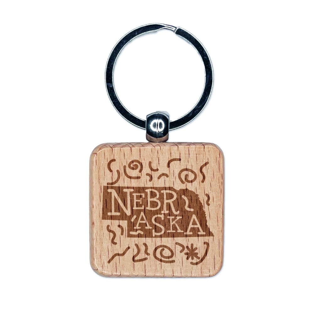 Nebraska State with Text Swirls Engraved Wood Square Keychain Tag Charm
