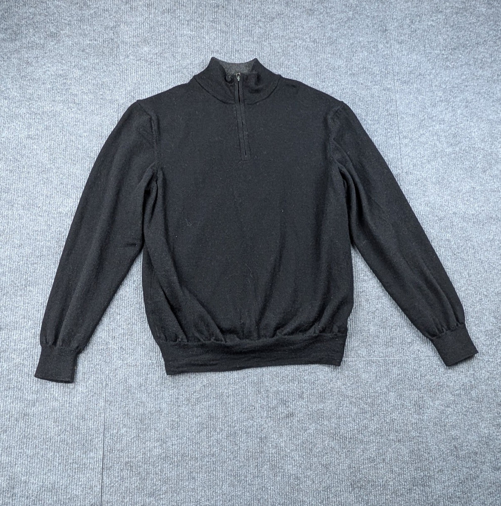 Black Brown 1/4 Zip Sweater Mens Medium Extrafine Merino Wool Italy Quiet Luxury