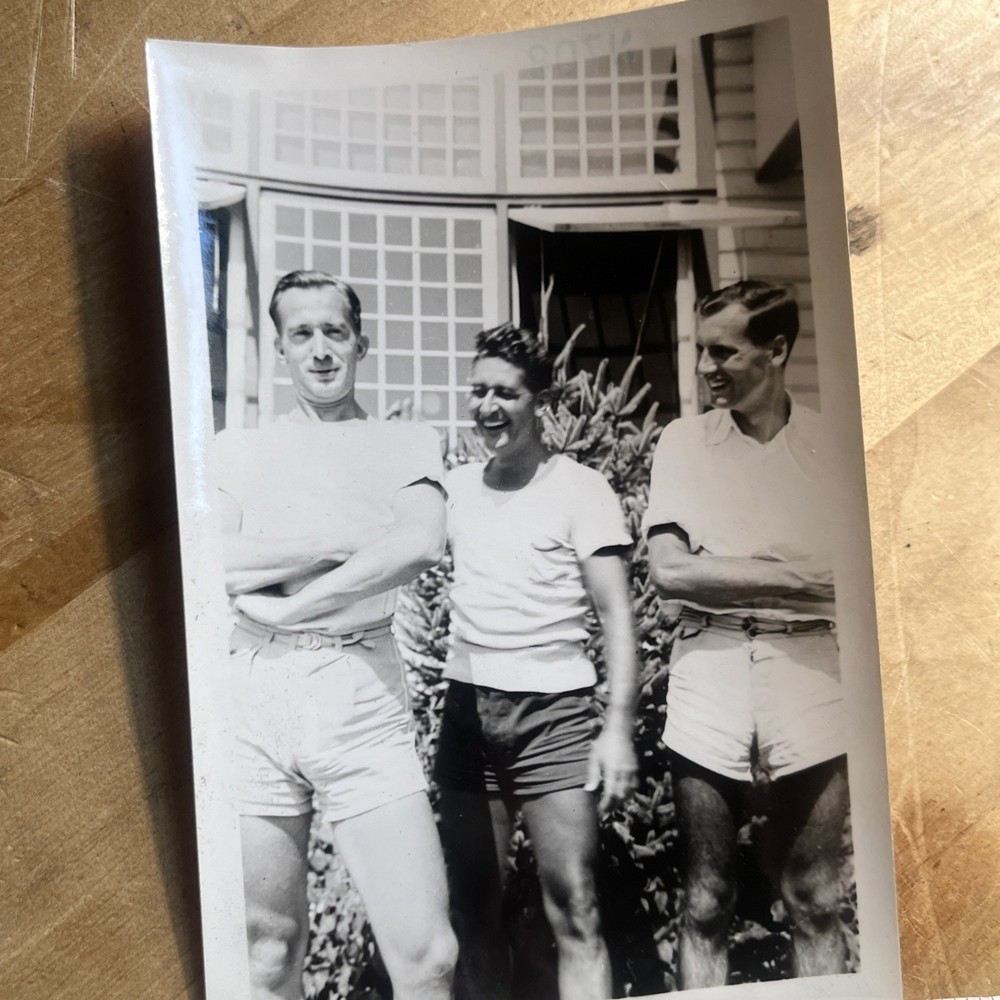Vintage Photograph Snapshot Happy Affectionate Group of Men 1940s - A1