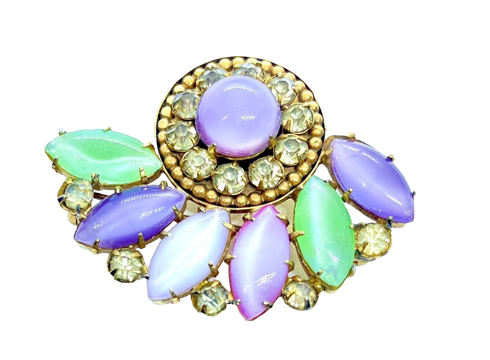 Vintage Gold Tone Purple & Green Cats eye Style Embellishment Brooch Pendant