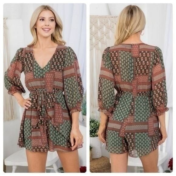 Boho Long Sleeve Patchwork Print Romper W/Drawstring Waist & V-Neckline