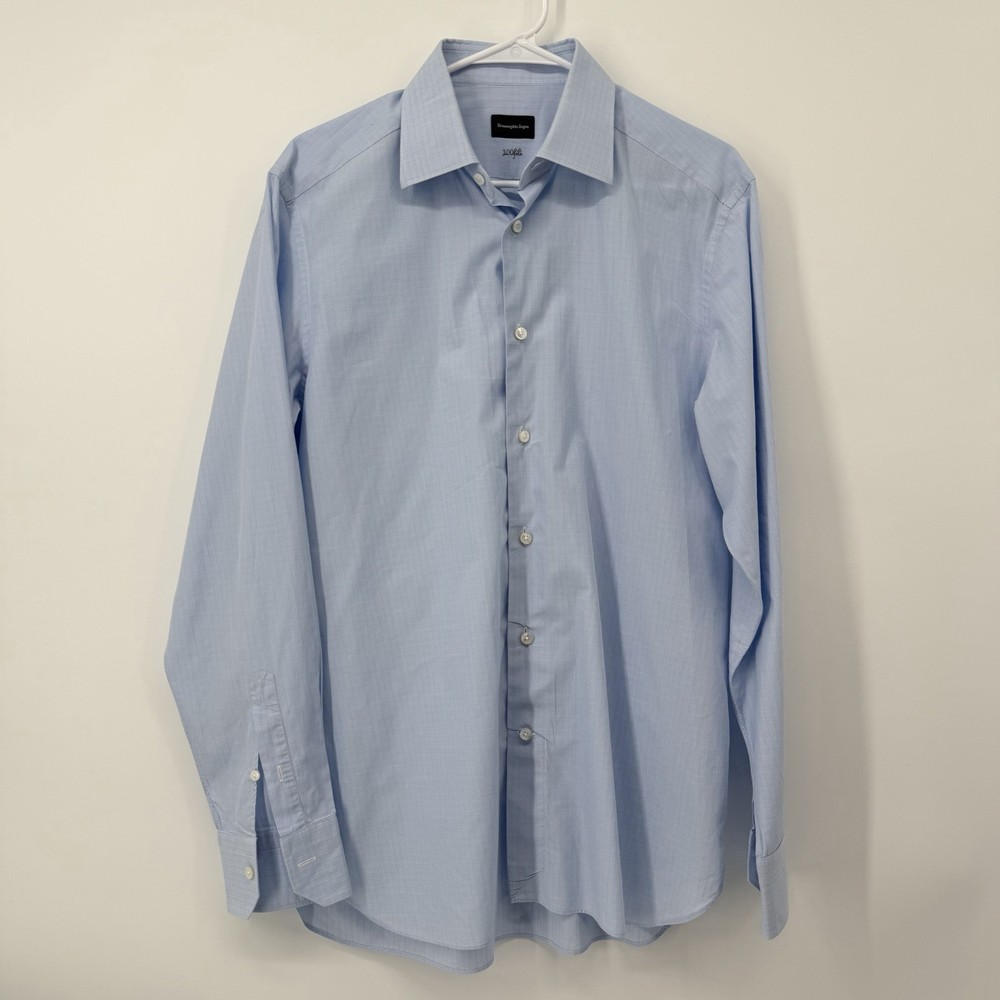 Ermenegildo Zegna Blue Plaid Button Down Shirt Long Sleeve 100 Fili Mens 16 41