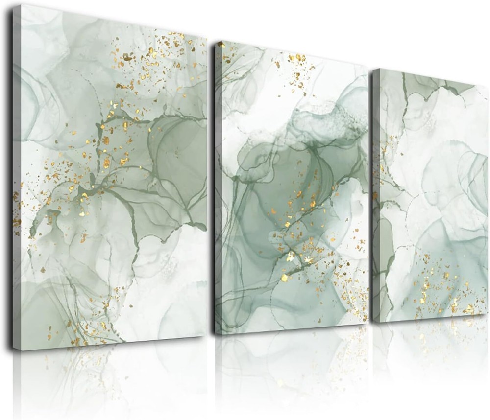 Sage Green Wall Art Set of 3,Abstract 12x16inchx3pcs, Gold Abstract