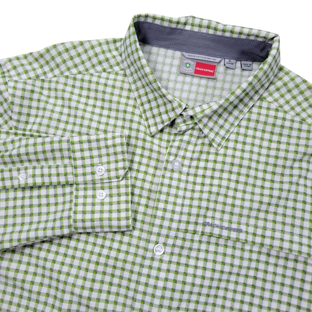 Craghoppers Button Up Shirt Mens XL Green Gingham Insect Shield Hiking Roll Tab