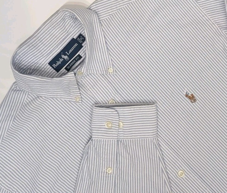 Ralph Lauren Classic Fit Blue White  Stripe Button Down Shirt Flesh Pony 16 VTG