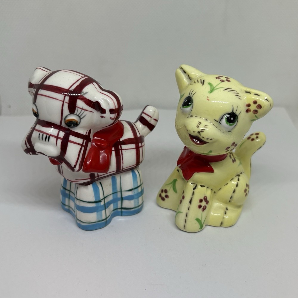 Vintage Py Miyao Plaid Dog and Floral Cat Salt & Pepper Shakers