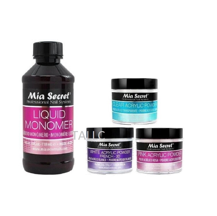 MIA SECRET LIQUID MONOMER 4 OZ+Clear+3D White+Pink 2 OZ Acrylic Set-Made in USA