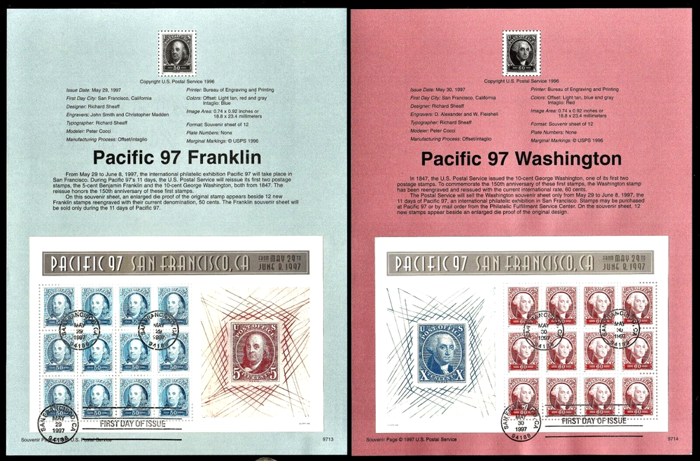 2 USPS First Day Souvenir Cancellation Pages FDC Jefferson Washington 3139 3140