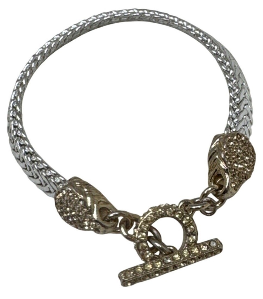 Womens Silver-Tone Chain Bracelet With Rhinestone Accents & Toggle Clasp