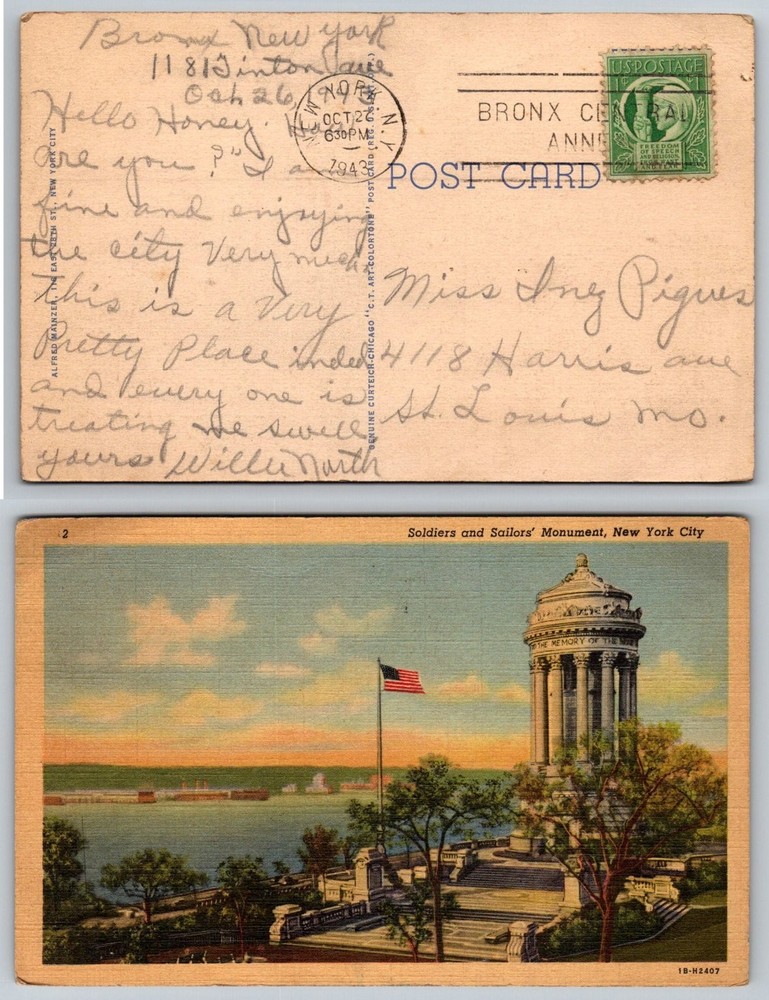 1943 Soldiers & Sailors' Monument NYC Linen Postcard - Bronx Postmark