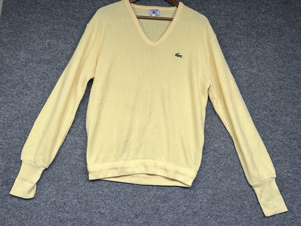 Vintage Izod Lacoste Men’s V Neck Sweater Size Large Yellow Pullover Made In USA