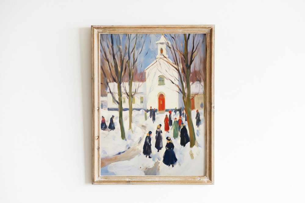 Antique Snowy Village Painting Rustic Winter Cabin Wall Art Vintage Christmas