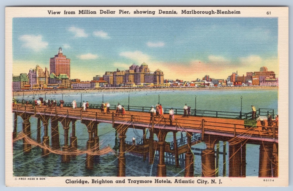 NJ Atlantic City Million Dollar Pier Brighton & Traymore Hotels Linen Postcard