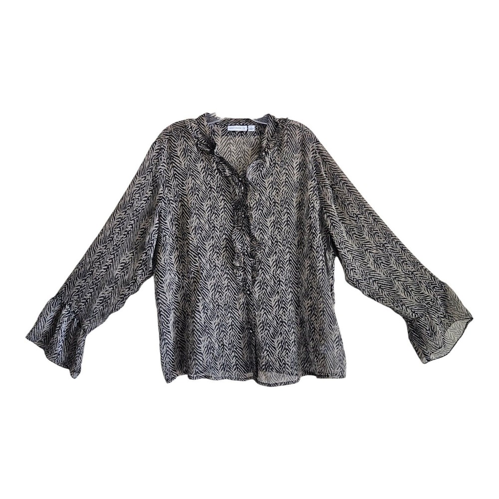 SUSAN GRAVER Women L Shirt Button Up Ruffles Animal Print Semi Sheer Chiffon 46