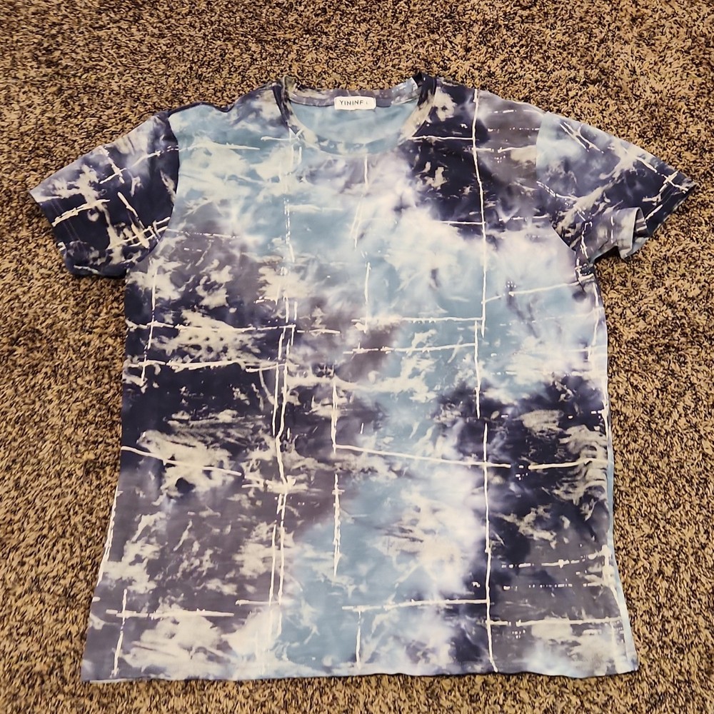YININF Men's T-Shirt Abstract Graphic, Blue White, Crew Neck, Size L-image