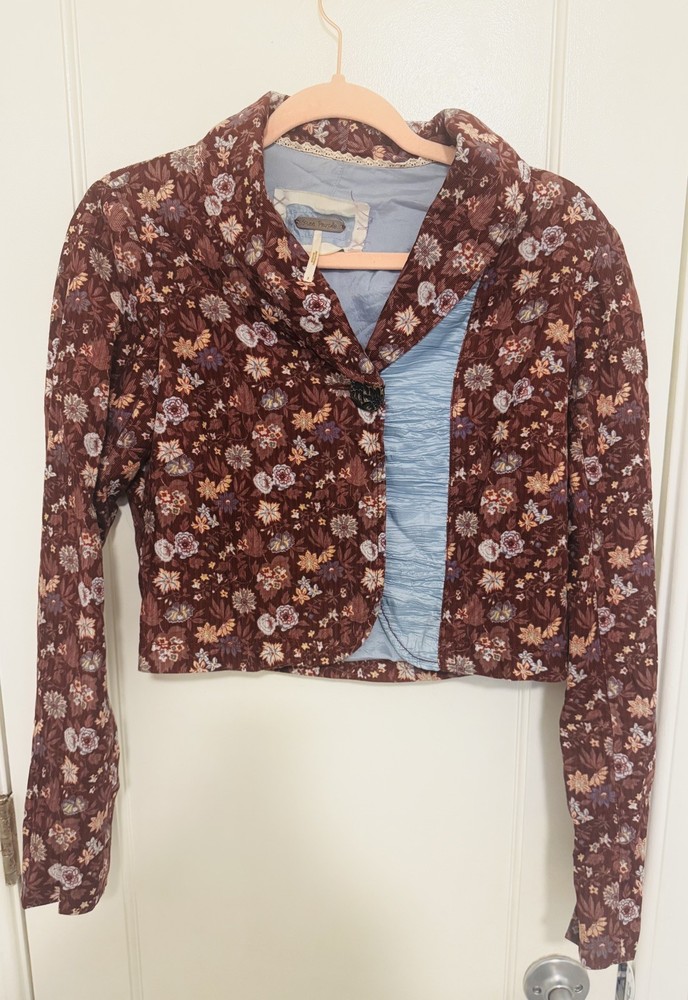 Free People Burgundy Floral Print Corduroy Cropped Jacket Size 2 Cottagecore