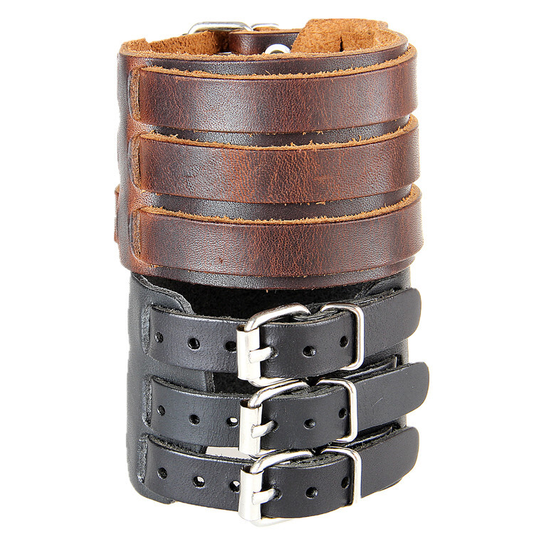 Men's Punk Wide Genuine Leather Belt Wristband Bangle Cuff Bracelet Adjustable