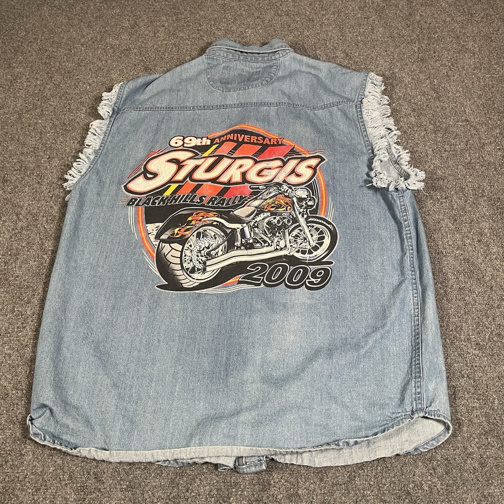 Vintage Sturgis Denim Vest Mens Large Y2K Biker Motorcycle Double Sided Flames