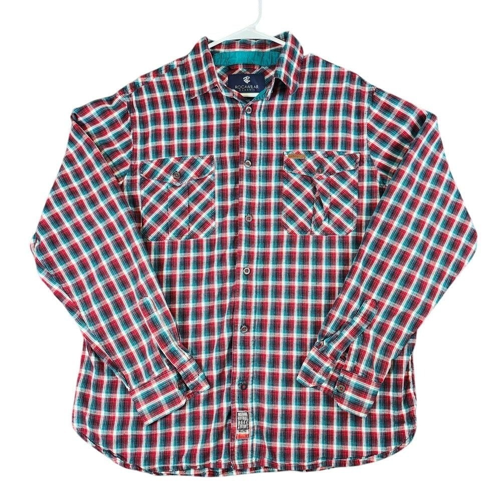 Rocawear Classic Red Teal Plaid Button Down Casual Shirt Long Sleeve XL