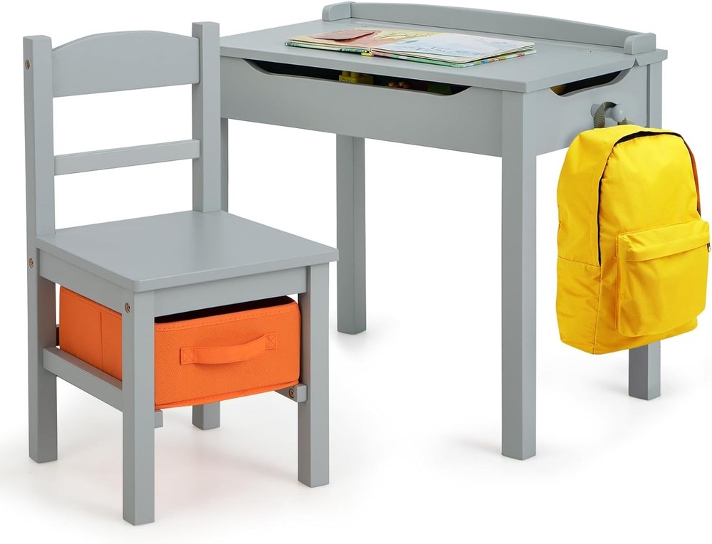 HONEY JOY Kids Table and Chair Set, Wooden Lift-Top Desk & with Grey